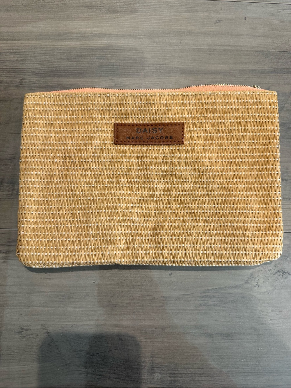 Marc Jacobs Daisy Tan Woven Toiletry Pouch with Leather Patch